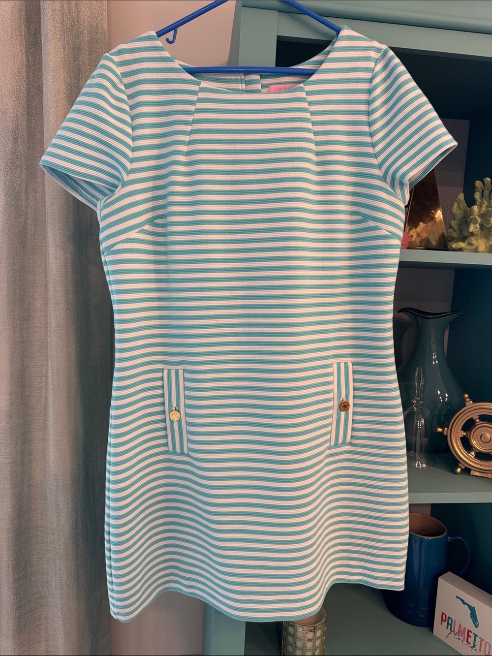 Lilly Pulitzer Aqua and White Striped Short-Sleeve Dress XL EUC